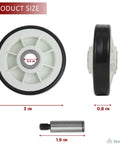 Heavy Duty Drum Rollers With Shafts Replacement Pack For Maytag And Whirlpool Clothes Dryers showing roller dimensions and metal shaft.