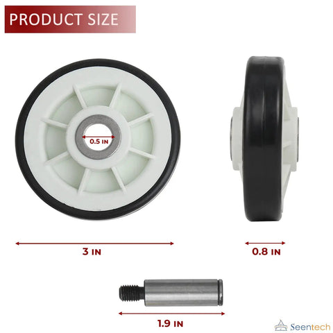 Heavy Duty Drum Rollers With Shafts Replacement Pack For Maytag And Whirlpool Clothes Dryers showing roller dimensions and metal shaft.