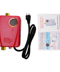 Compact Wall Mounted Tankless Electric Water Heater Featuring A Top Shelf 3000W Instant Hot On Demand Setup For Zero Waiting Around And Lightning Fast Warm Flow For Kitchen Or Bathroom Use No Fuss, red unit with cord and manual.