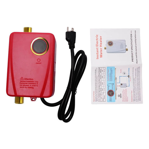 Compact Wall Mounted Tankless Electric Water Heater Featuring A Top Shelf 3000W Instant Hot On Demand Setup For Zero Waiting Around And Lightning Fast Warm Flow For Kitchen Or Bathroom Use No Fuss, red unit with cord and manual.