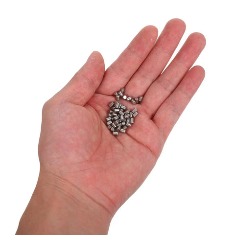 Top Shelf Pin Supports 50 Pack Stainless Steel Dowel Pins in a hand, perfect for heavy duty furniture assembly.