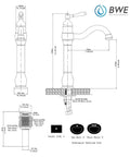 Technical drawing of Matte Black Vessel Sink Faucet With 360 Degree Swivel, Single Handle One Hole Lavatory Mixer Tap, Pop Up Drain Assembly.