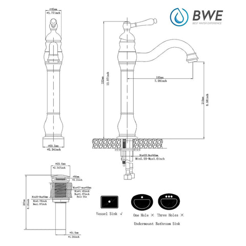 Technical drawing of Matte Black Vessel Sink Faucet With 360 Degree Swivel, Single Handle One Hole Lavatory Mixer Tap, Pop Up Drain Assembly.