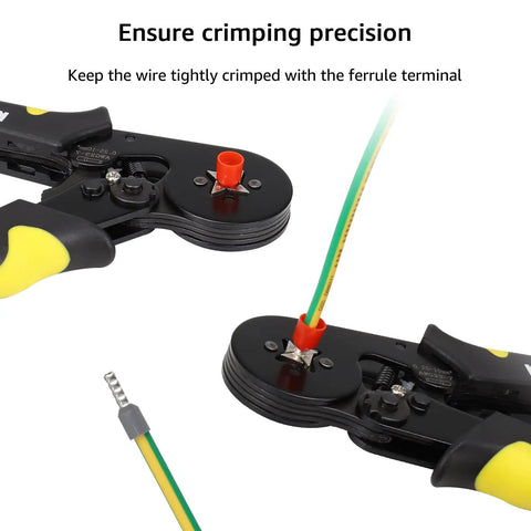 Close-up of Ferrule Crimping Tool Kit With Self Adjustable Ratchet Pliers For AWG 23 To 7 1250 Insulated Wire Terminals in use
