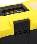 Close-up of yellow and black Rugged 13 Inch Plastic Tool Box With Secure Locking Latch And Removable Tray