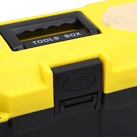 Close-up of yellow and black Rugged 13 Inch Plastic Tool Box With Secure Locking Latch And Removable Tray