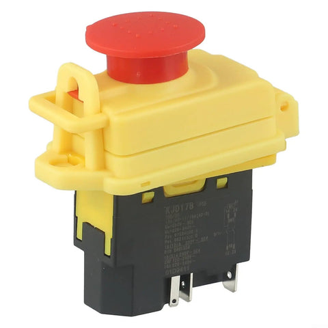 Heavy Duty Waterproof Five Pin Electromagnetic Pushbutton Switch With IP54 Seal And No Volt Release For Mini Metal Lathe And Job Site Power Tools Yellow Black view from the side showing red button and pins.