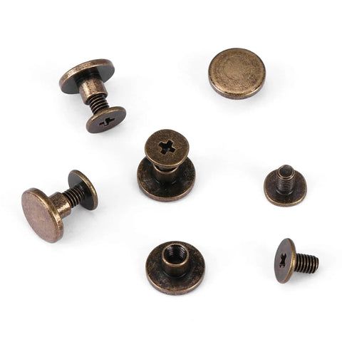 Slick Screw On Brads For Leather Crafts Dope Flat Head Rivets 5mm Copper Brass Repair Fasteners on a white background.