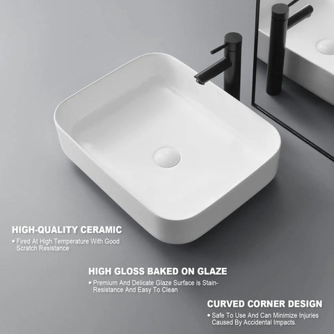 Rectangular Vessel Sink For Bathroom In White Porcelain Ceramic, Sleek Above Counter Design, 19.5 By 15.6 By 5.2 Inches
