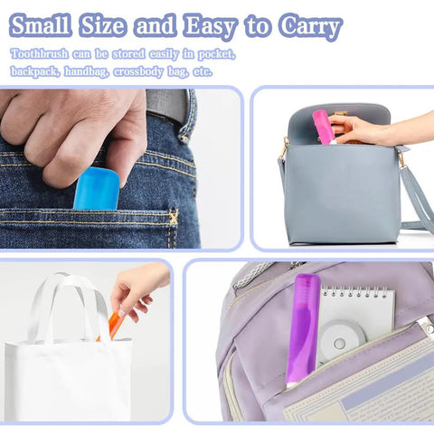 Three Pack Travel Toothbrush Set With Soft Bristles shown in pocket, handbag, tote, and backpack.