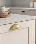 Light Brass Cup Pulls 10 Pack Brushed Gold Cabinet Pulls Gold Cup Drawer Handles For Kitchen Furniture Hardware Dresser Closet Door Pulls 3 Inch Hole Centers Zinc Alloy Rust Resistant Easy Install Upgrade Your Cabinets on white kitchen drawer