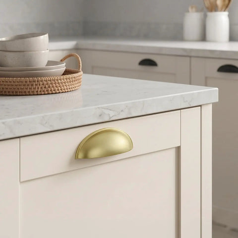 Light Brass Cup Pulls 10 Pack Brushed Gold Cabinet Pulls Gold Cup Drawer Handles For Kitchen Furniture Hardware Dresser Closet Door Pulls 3 Inch Hole Centers Zinc Alloy Rust Resistant Easy Install Upgrade Your Cabinets on white kitchen drawer