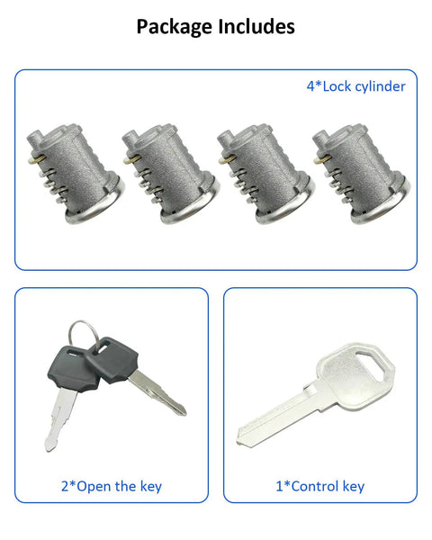Package contents of 4 Pack SKS Lock Cores for car rack systems, including 4 lock cylinders, 2 open keys, and 1 control key.