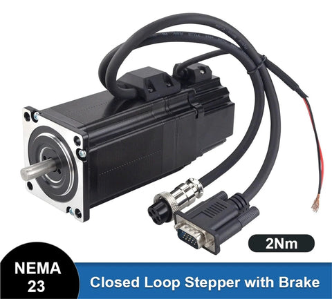 NEMA 23 closed-loop stepper motor with brake and encoder, front view, 2Nm torque, black body and attached cables.