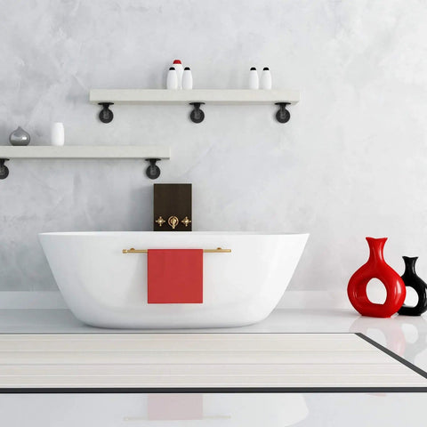Bathroom with wall-mounted floating shelves using Half Inch Pipe Shelf Bracket Set Of 4 For Wall Mounted Floating Shelves Industrial Rustic Decor