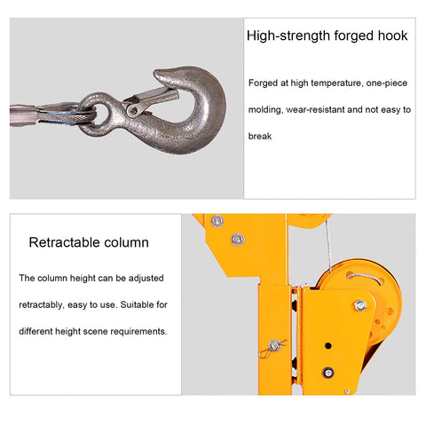 Close-up of high-strength forged hook and retractable column of Rugged Foldable Hand Crank Engine Hoist Built Solid Like A Tank.