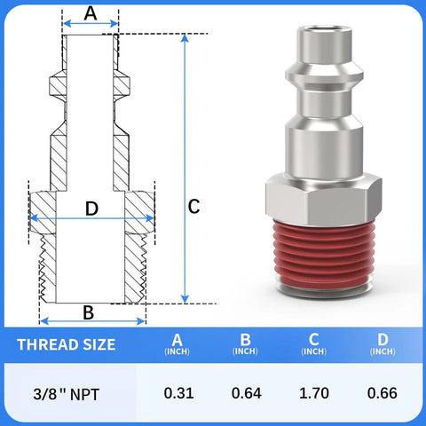 Diagram and image of Heavy Duty Industrial Air Plug Set For Air Compressors One Quarter Inch Body Size Three Eighths Inch NPT Male Pneumatic Plugs Five Pack Beefy Hardened Steel With Nickel Plating Interchangeable With Most Quick Connects, showing dimensions and red sealant.