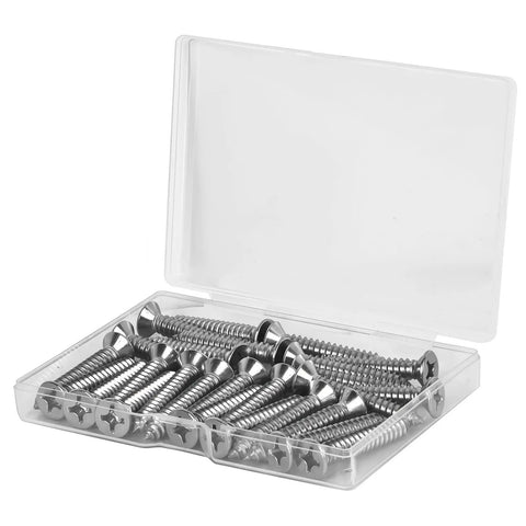 Heavy Duty Flat Head Phillips Self Tapping Screws In 304 Stainless Steel 18 8 Grade in a clear box for easy storage.