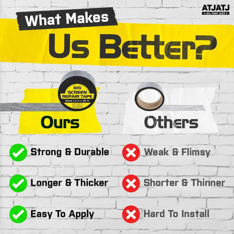 Comparison chart showing 'Ours' versus 'Others' with features of 2 Inch By 30 Foot Window Screen Repair Tape For Quick No Tools Needed Fixes Of Screens Doors And Mosquito Nets Durable Black Mesh Patch With Easy Peel And Stick Adhesive For Mess Free Repairs At Home.