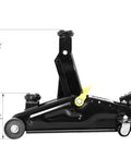 Hydraulic Trolley Floor Jack Combo With 2 Ton Capacity And 2 Jack Stands, Heavy Duty Steel Build, shown in side view with dimensions