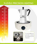 Ultra Compact 600W Electric Mini Hot Plate With Nine Precise Heat Settings used with a moka pot for espresso brewing.