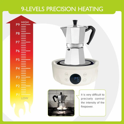 Ultra Compact 600W Electric Mini Hot Plate With Nine Precise Heat Settings used with a moka pot for espresso brewing.