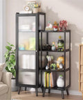Modern floor standing bookshelf with bamboo shelves and plastic doors in living room setting, heavy duty display organizer