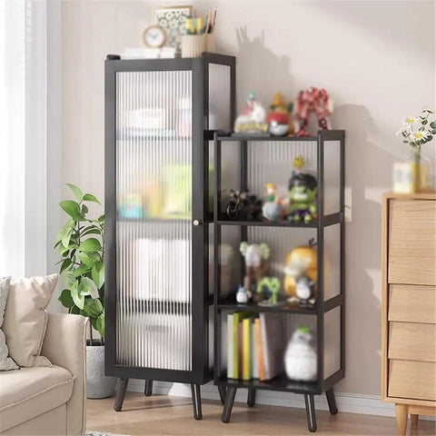 Modern floor standing bookshelf with bamboo shelves and plastic doors in living room setting, heavy duty display organizer