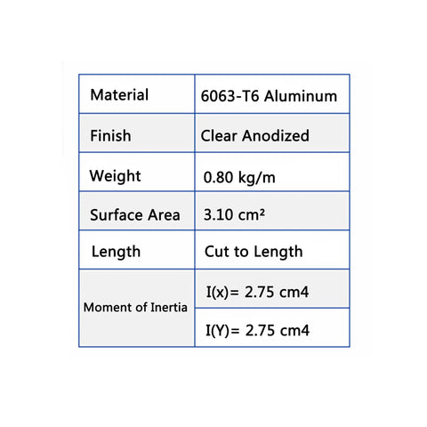 30mm By 30mm Smooth Lite T Slot Aluminum Extrusion 400mm Length Built For DIY Frames Super Durable Anodized Aluminum Profile With Lightweight Strength And Corrosion Resistance For Your Next Build, spec table