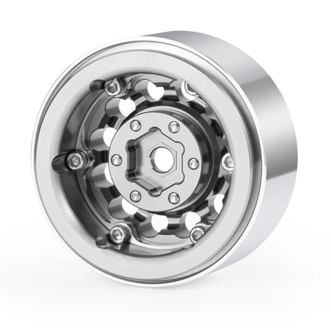 1.3 Inch Beadlock Aluminum RC Wheel Set for 1/18 TRX4M and 1/24 Axial SCX24 in silver, showcasing a three-piece design.