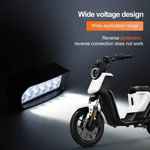 Bright E Bike LED Light for Electric Bikes and Tricycles, Universal 12V to 80V Conversion Lamp with 12 LEDs and 6W Power, Anti Reverse Protection, High Visibility Front Light for Motorcycle Style Illumination
