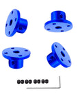 Blue aluminum flange shaft couplings with 6mm bore, grub screws, and L-wrench; 4 pieces.