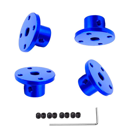 Blue aluminum flange shaft couplings with 6mm bore, grub screws, and L-wrench; 4 pieces.