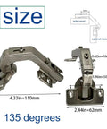 Top Shelf 135 Degree Corner Cabinet Hinges Soft Close Bi Fold Kit components showing sizes and angles, nickel plated steel construction.