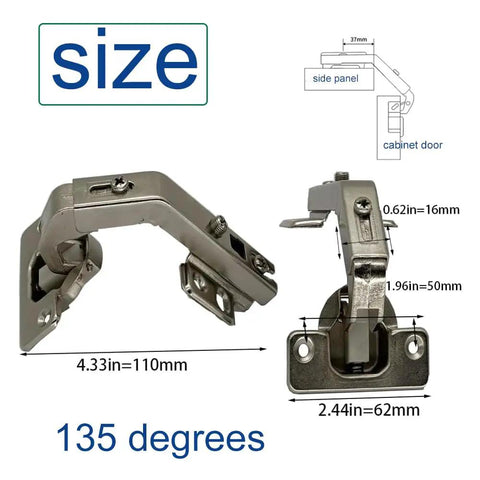 Top Shelf 135 Degree Corner Cabinet Hinges Soft Close Bi Fold Kit components showing sizes and angles, nickel plated steel construction.