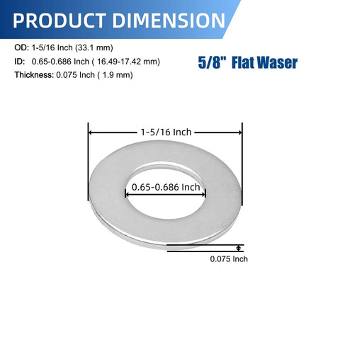 Front view: 5/8 in ID x 1-5/16 in OD stainless steel flat washer, 0.075 in thick