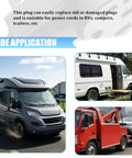 Heavy Duty 30 Amp RV Male Power Plug Solid As A Rock Copper And Nylon Build Ergonomic Grip Handle shown in RV and camper use.