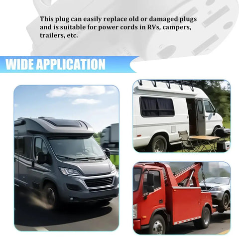 Heavy Duty 30 Amp RV Male Power Plug Solid As A Rock Copper And Nylon Build Ergonomic Grip Handle shown in RV and camper use.