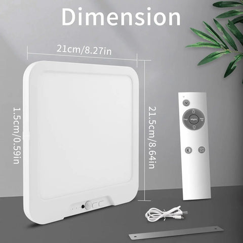 USB C Rechargeable Motion Sensor Ceiling Light 550LM With Remote, shown with dimensions in centimeters, remote, and accessories
