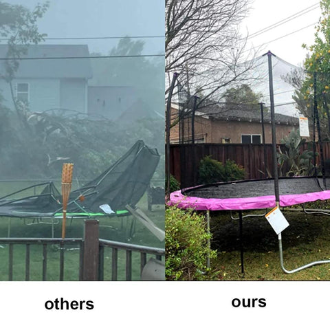 Trampoline comparison: left damaged frame, right new trampoline with black frame and pink safety pad.