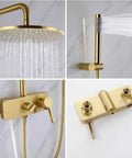 Top Shelf 10 Inch Wall Mounted Rain Shower System With Brushed Gold Drip Solid Brass Multifunction Faucet Set Including Handheld Sprayer and Tub Spout For Smooth Bathroom Flex, showing shower head and faucet details.