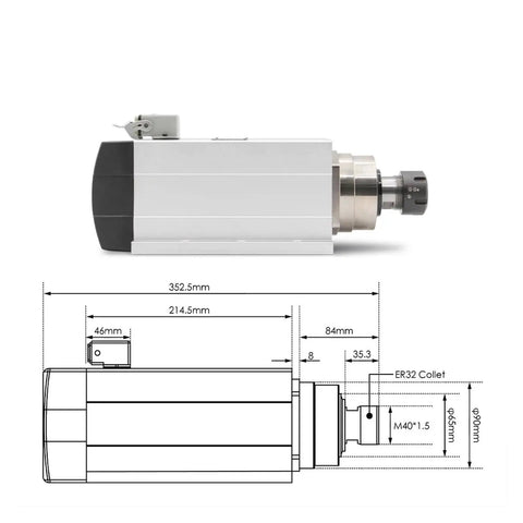 Beefy 4.5KW ER32 Air Cooled Spindle Motor with dimensions, ER32 collet for CNC routing and milling jobs.