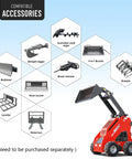 Compact Stand On Skid Steer Loader With 13.5HP Briggs And Stratton Gas Engine, showing compatible accessories diagram
