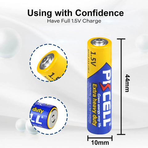 100 Pack AAA Batteries Carbon Zinc R03P 1.5V Single Use Triple A Power Pack For Remote Controls Toys Gadgets Eco Friendly Long Shelf Life And Stable Storage Ready, close-up of a single battery with dimensions visible