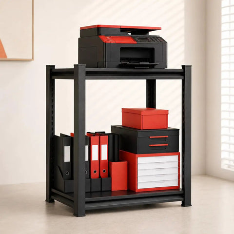 Straight Up Heavy Duty 2 Tier Printer Stand With Reinforced Steel Storage Industrial Office Desk Organizer Shelf Space Saving Computer Rack For Scanner Copier Paper Black, featuring black and red accessories.