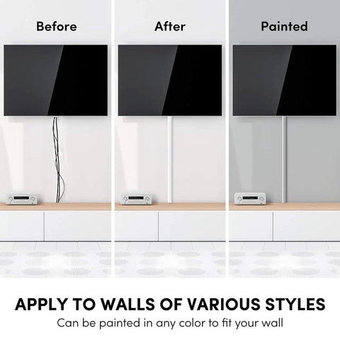 Wall Cable Hider Kit conceals up to 153 inches of wires with easy adhesive install, no tools needed, neat raceway for TVs shown in use.