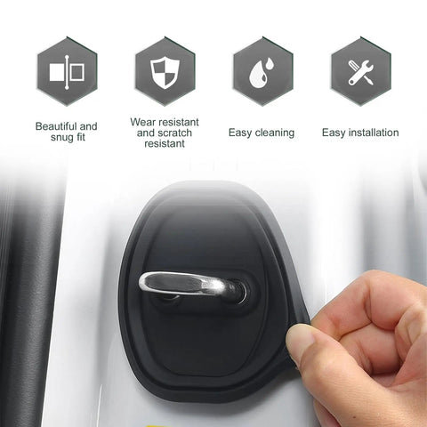 Top Shelf Soft Silicone Door Latch Covers 4 Pack Fits Cars Trucks Suv installed on door latch, highlighting easy installation and snug fit.