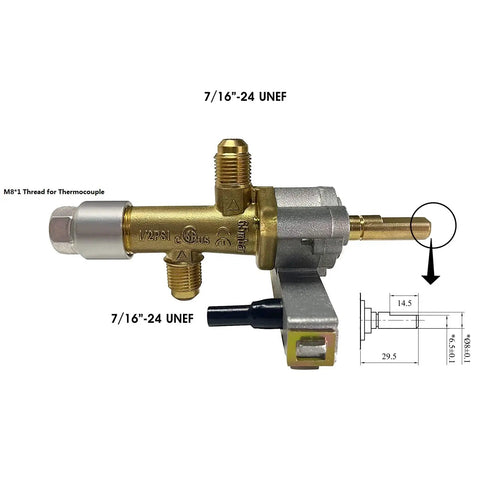 CSA Certified Gas Safety Control Valve With Piezo Ignition For Propane Patio Heaters, brass design, thread details visible