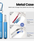 Travel Ready Reusable Collapsible Telescoping Stainless Steel Straws 4 Pack with blue TSA Friendly Aluminum Case and Keychain