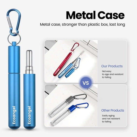 Travel Ready Reusable Collapsible Telescoping Stainless Steel Straws 4 Pack with blue TSA Friendly Aluminum Case and Keychain